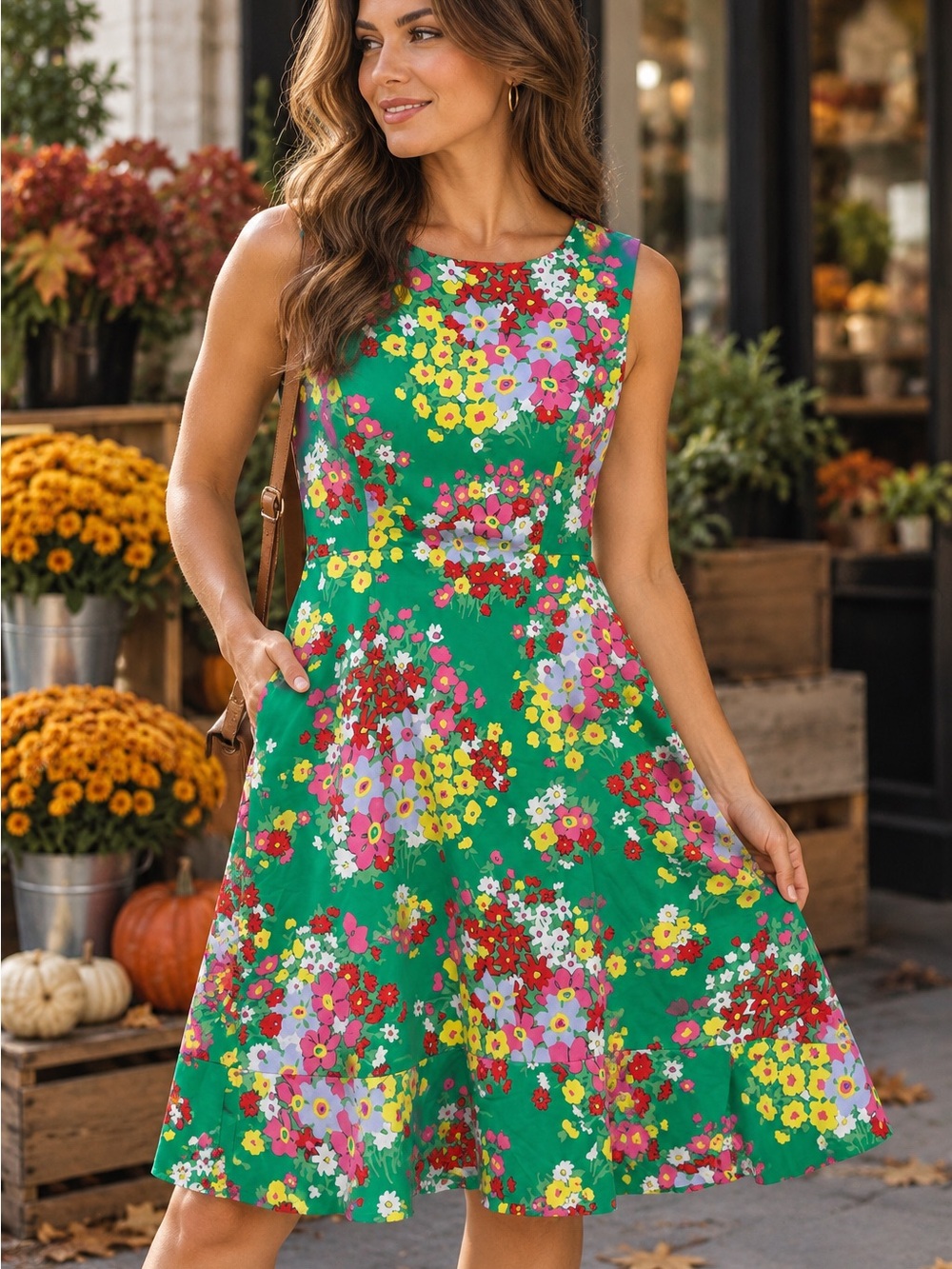 Talbots Petites Women’s 2P Green Floral Fit & Flare Sleeveless Dress